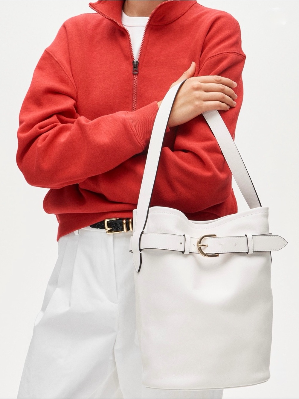 NWT J.Crew Berkeley Belted Leather Bucket Bag in White Shoulder Bag